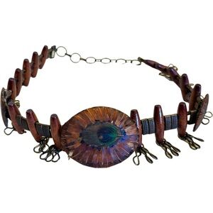 Vintage Bohemian Belt Wooden Leather Metal With Peacock Feathers Adjustable